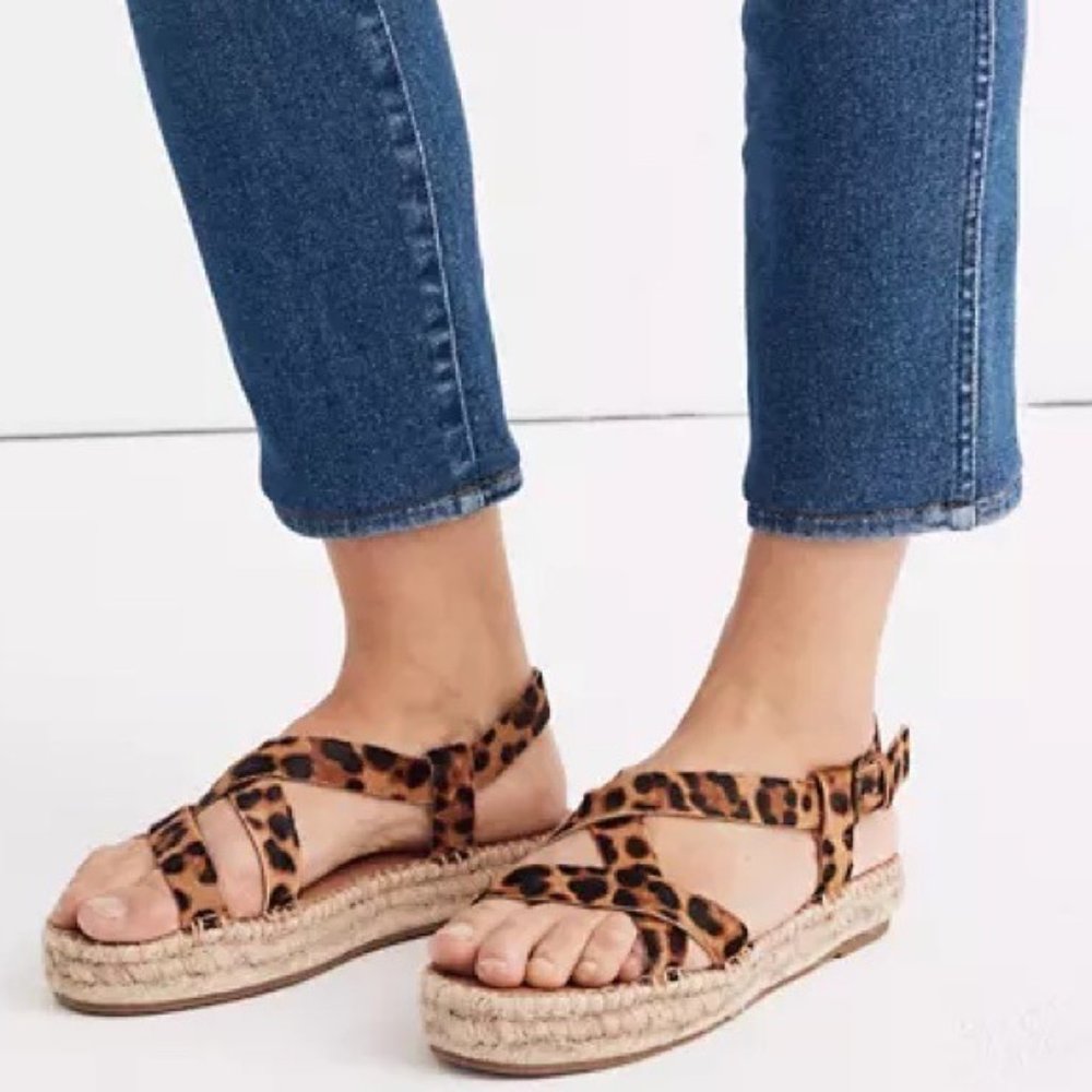 New MADEWELL The Malia Espadrille Leopard Calf Hair Sandals Size 7.5